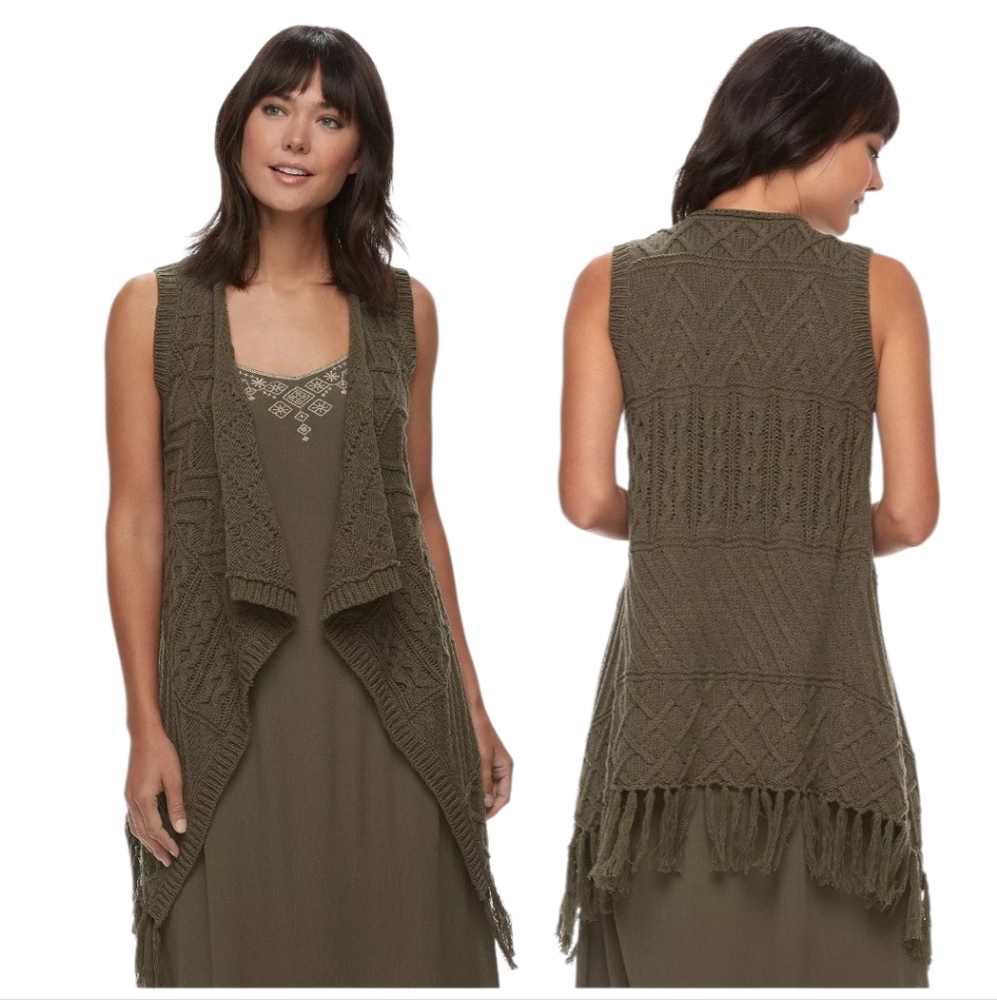 Sonoma Knit Sleeveless Cardigan Dark Green Fringe Size Small